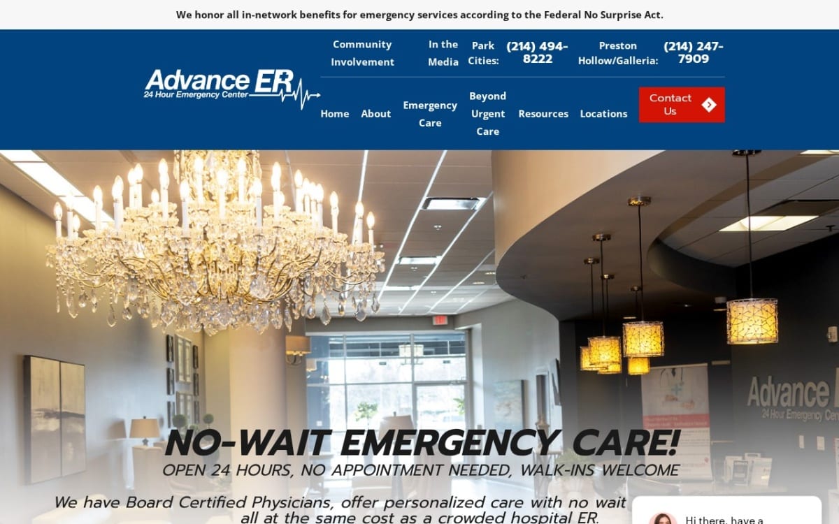 Advance ER urgent care clinic website homepage