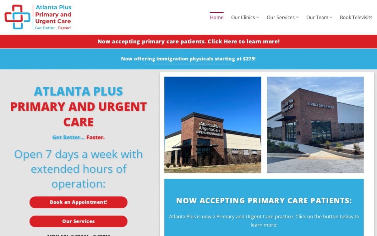 Atlanta Plus Primary & Urgent Care Conyers urgent care clinic website homepage
