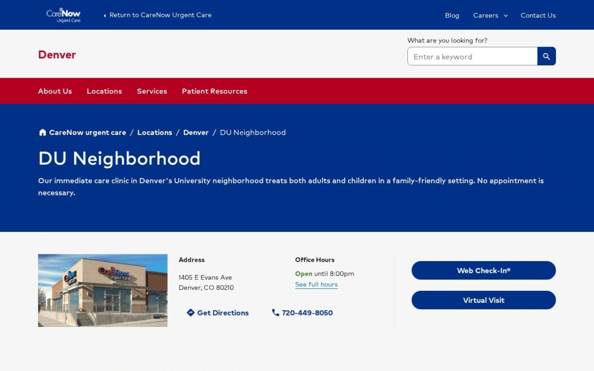 CareNow Urgent Care - DU Neighborhood urgent care clinic website homepage