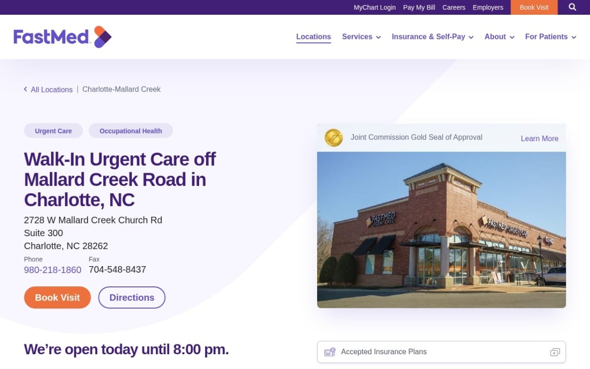 FastMed Urgent Care Charlotte Mallard Creek urgent care clinic website homepage