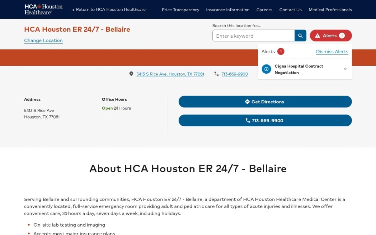 HCA Houston ER 24/7 - Bellaire urgent care clinic website homepage