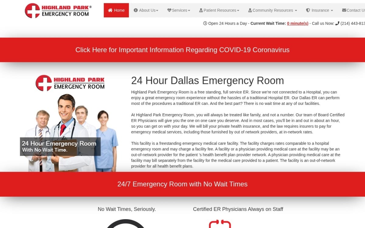 Highland Park Emergency Room urgent care clinic website homepage