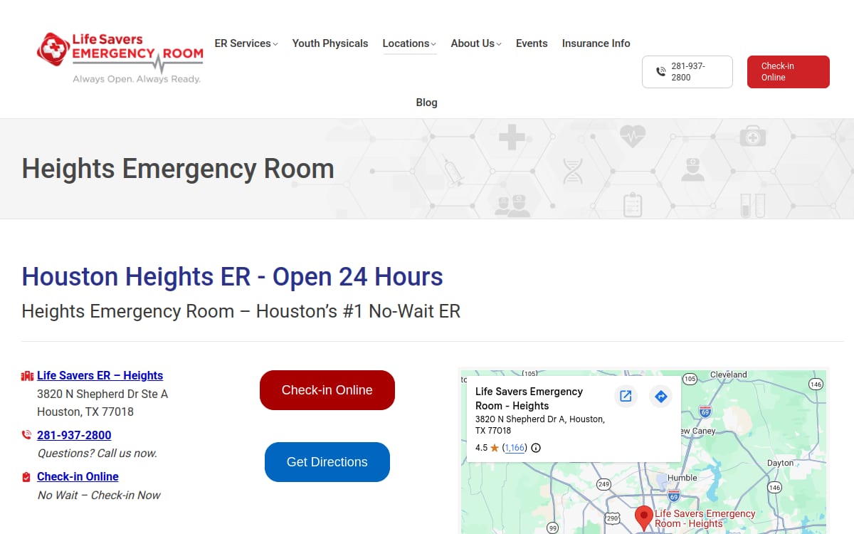 Life Savers Emergency Room - Heights urgent care clinic website homepage