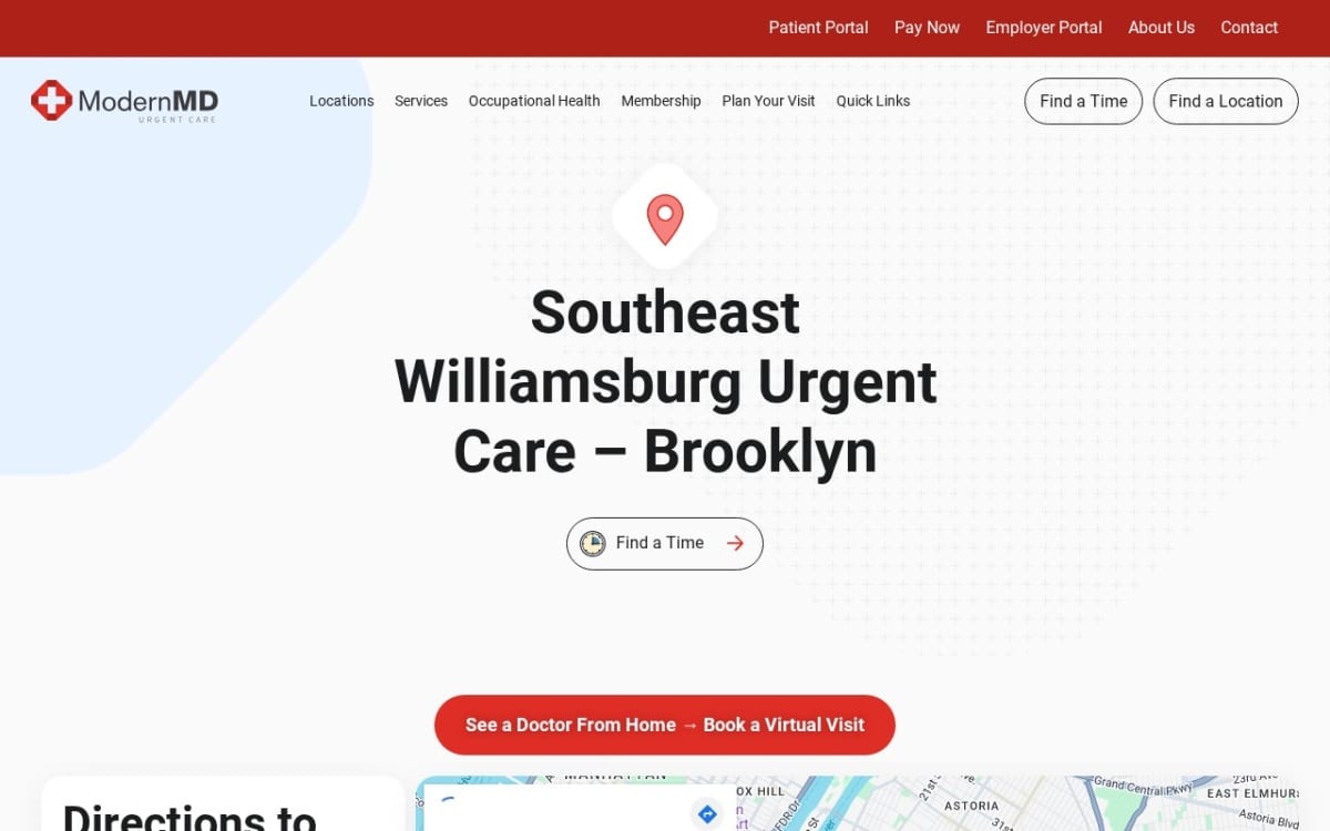 ModernMD Urgent Care - Southeast Williamsburg urgent care clinic website homepage