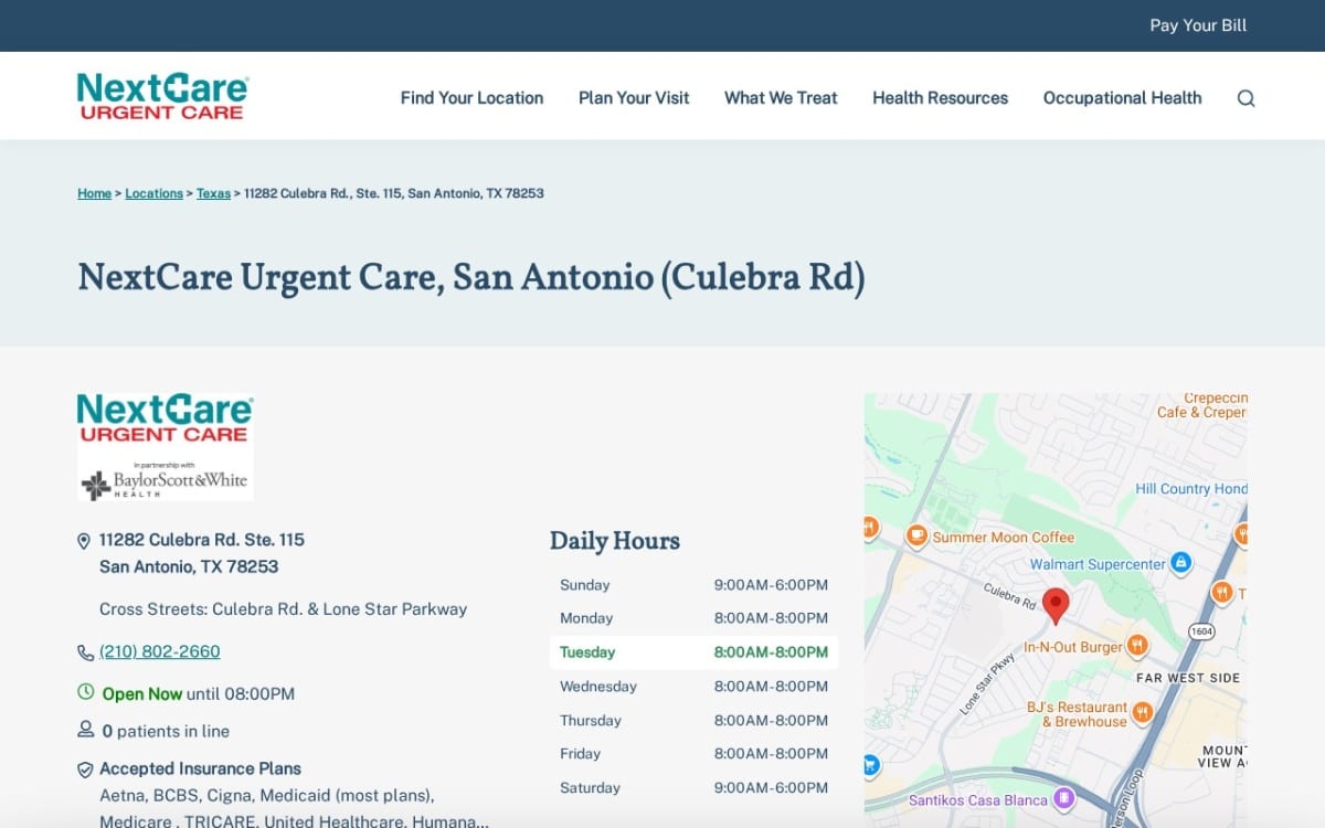 NextCare Urgent Care, San Antonio (Culebra Rd) urgent care clinic website homepage