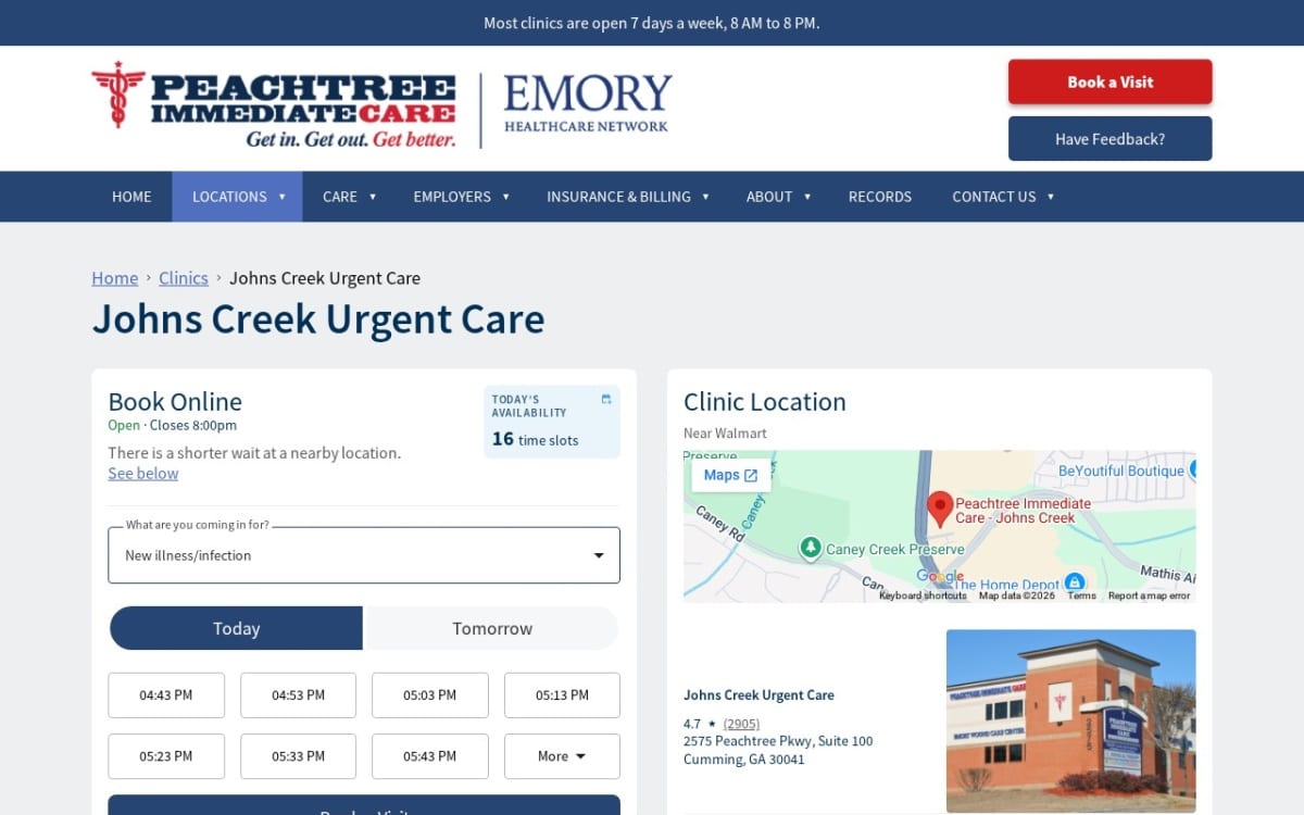 Peachtree Immediate Care - Johns Creek urgent care clinic website homepage