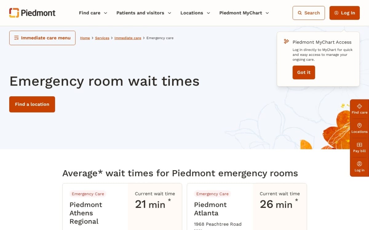Piedmont Atlanta Emergency Room urgent care clinic website homepage