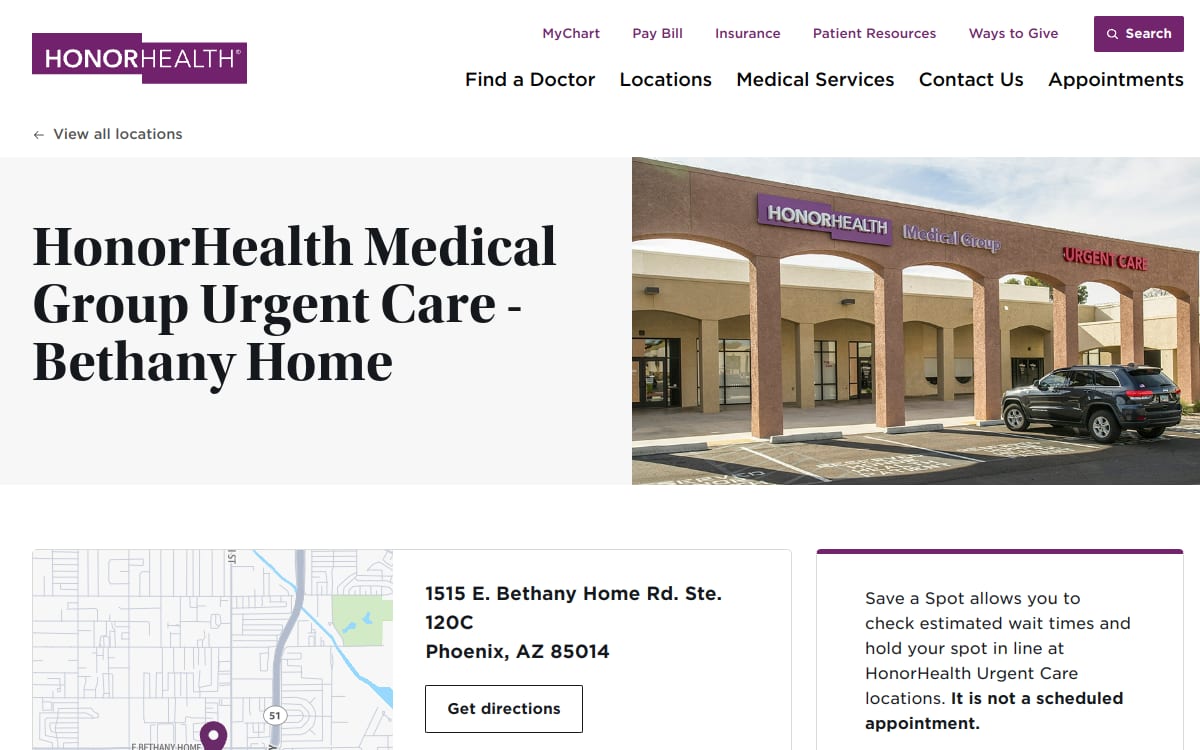 HonorHealth Medical Group Urgent Care - Bethany Home urgent care clinic website homepage