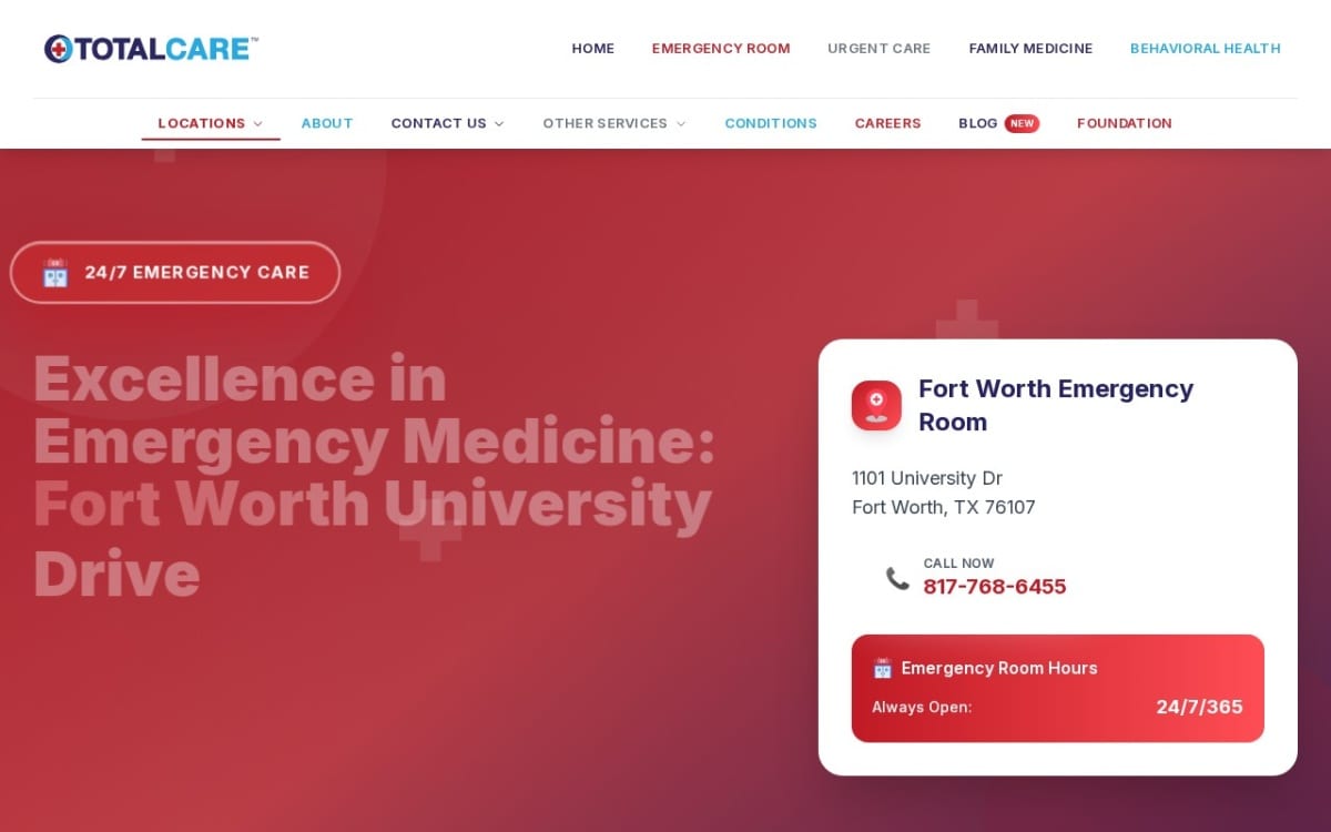 TotalCare Emergency Room urgent care clinic website homepage