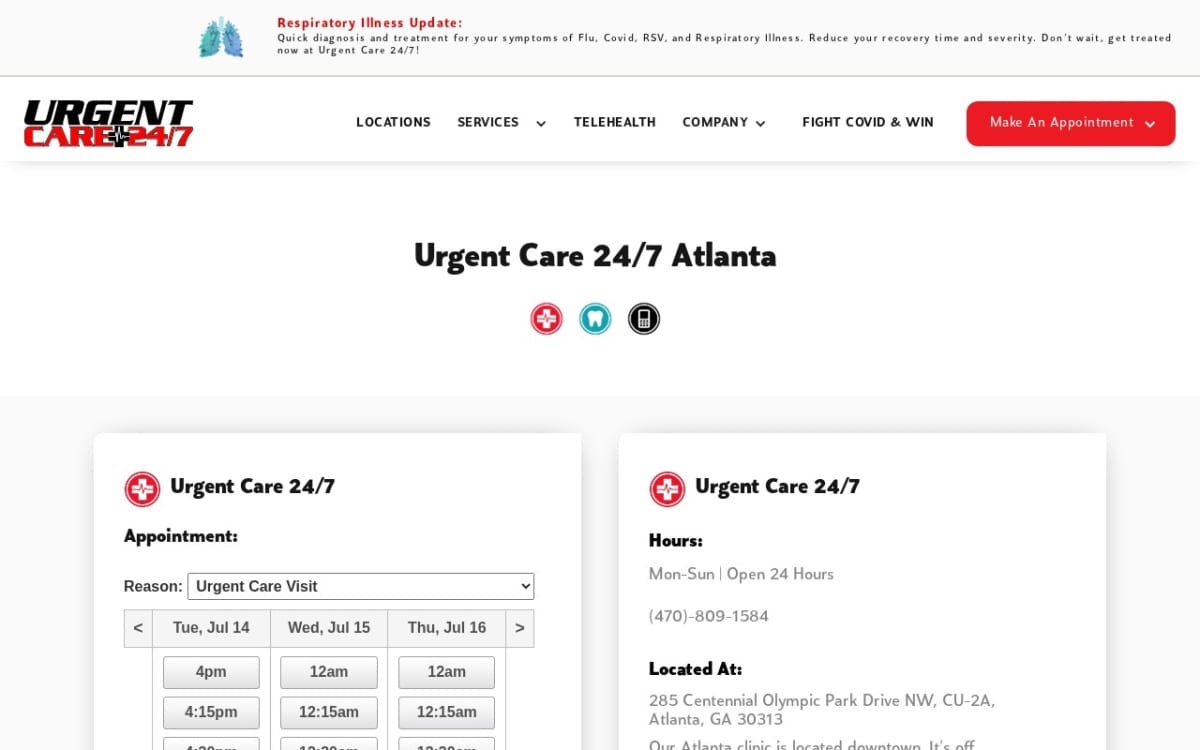 Urgent Care 24/7 Atlanta urgent care clinic website homepage