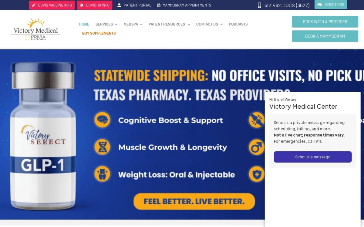 Victory Medical urgent care clinic website homepage