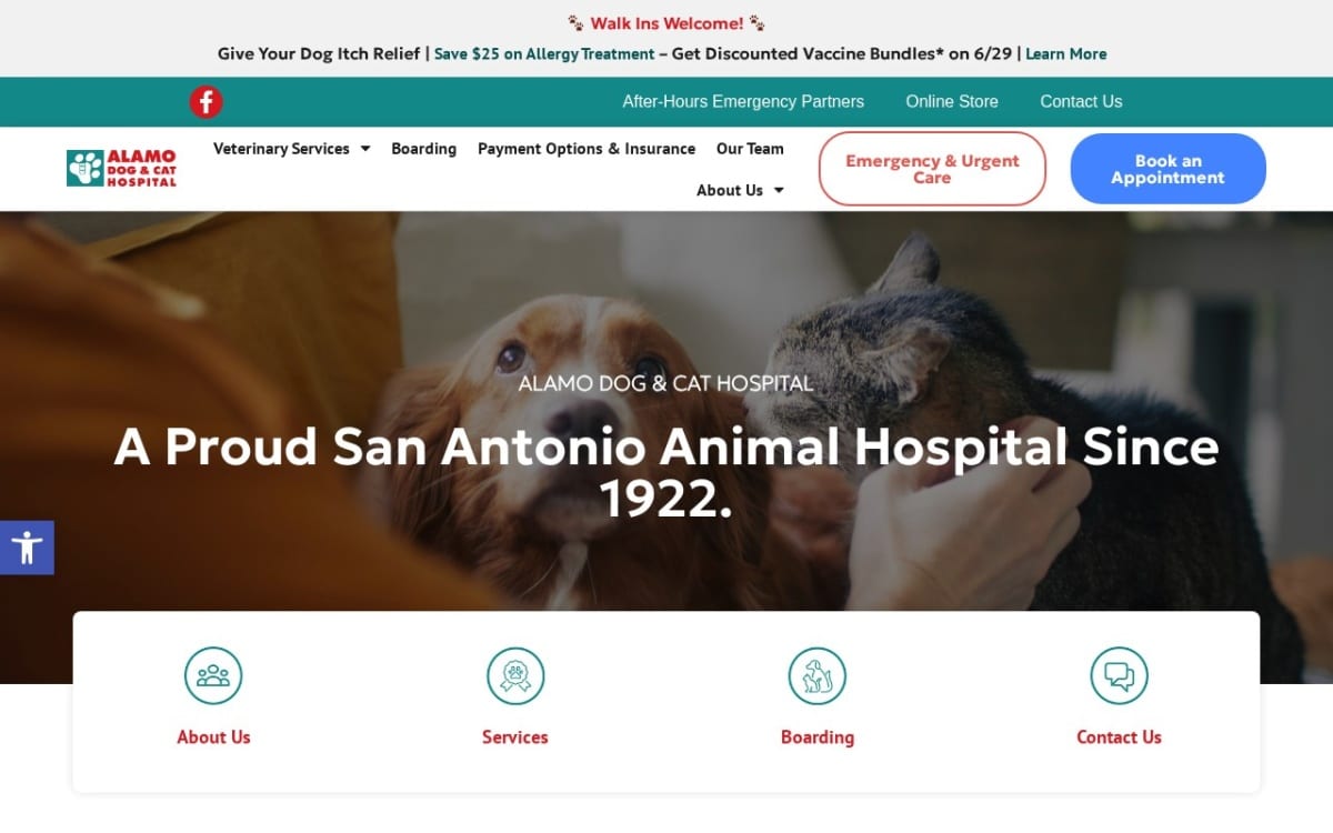 Alamo Dog & Cat Hospital veterinarian website homepage