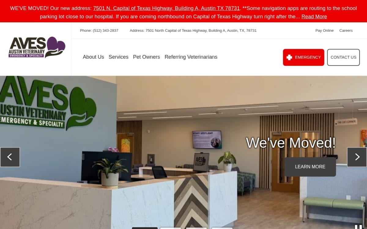Austin Veterinary Emergency and Specialty veterinarian website homepage