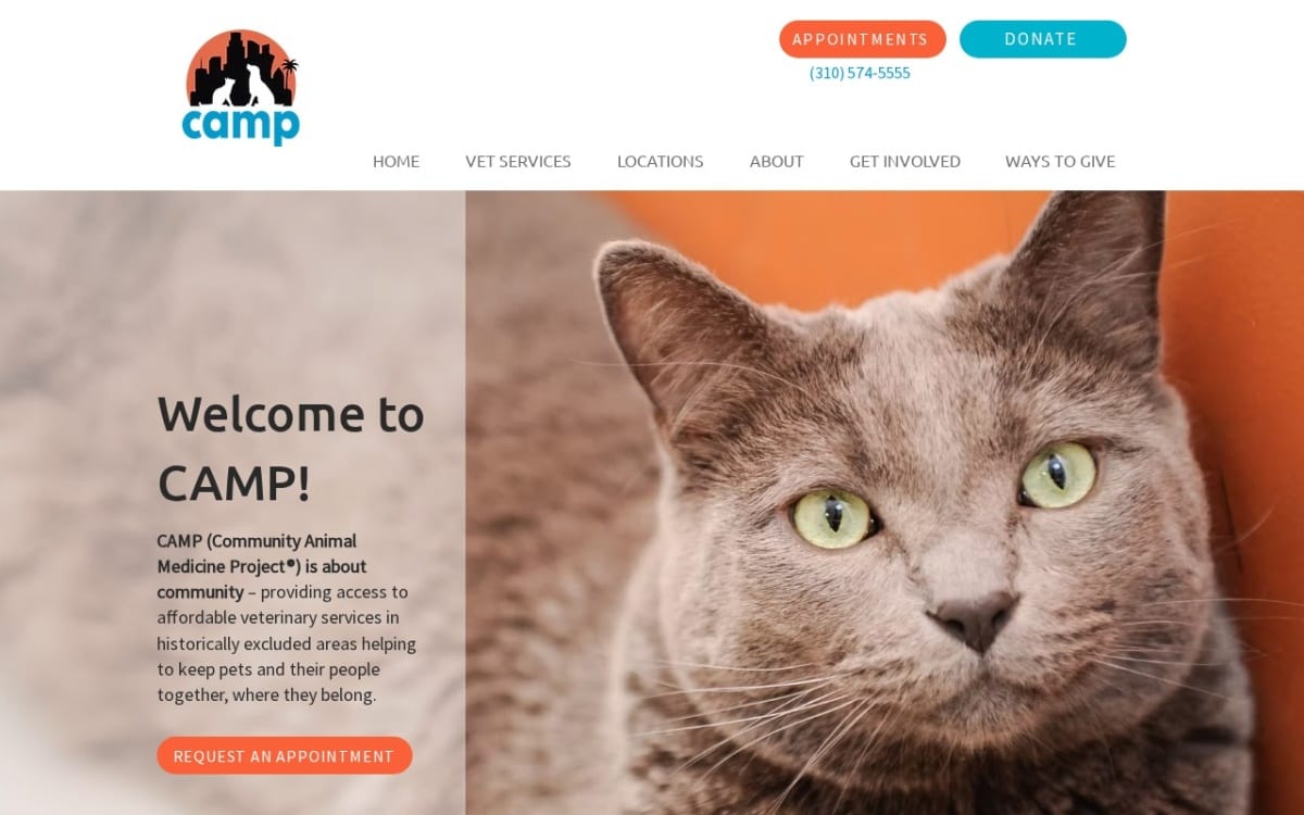 CAMP Clinic Los Angeles veterinarian website homepage