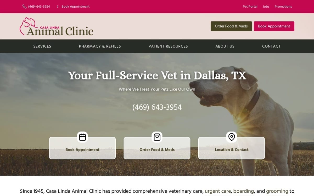 Casa Linda Animal Clinic veterinarian website homepage
