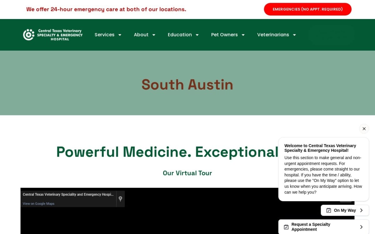 Central Texas Veterinary Speciality and Emergency Hospital veterinarian website homepage