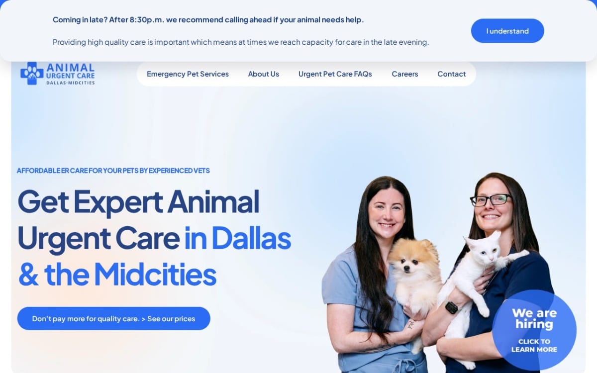 Dallas Animal Urgent Care veterinarian website homepage