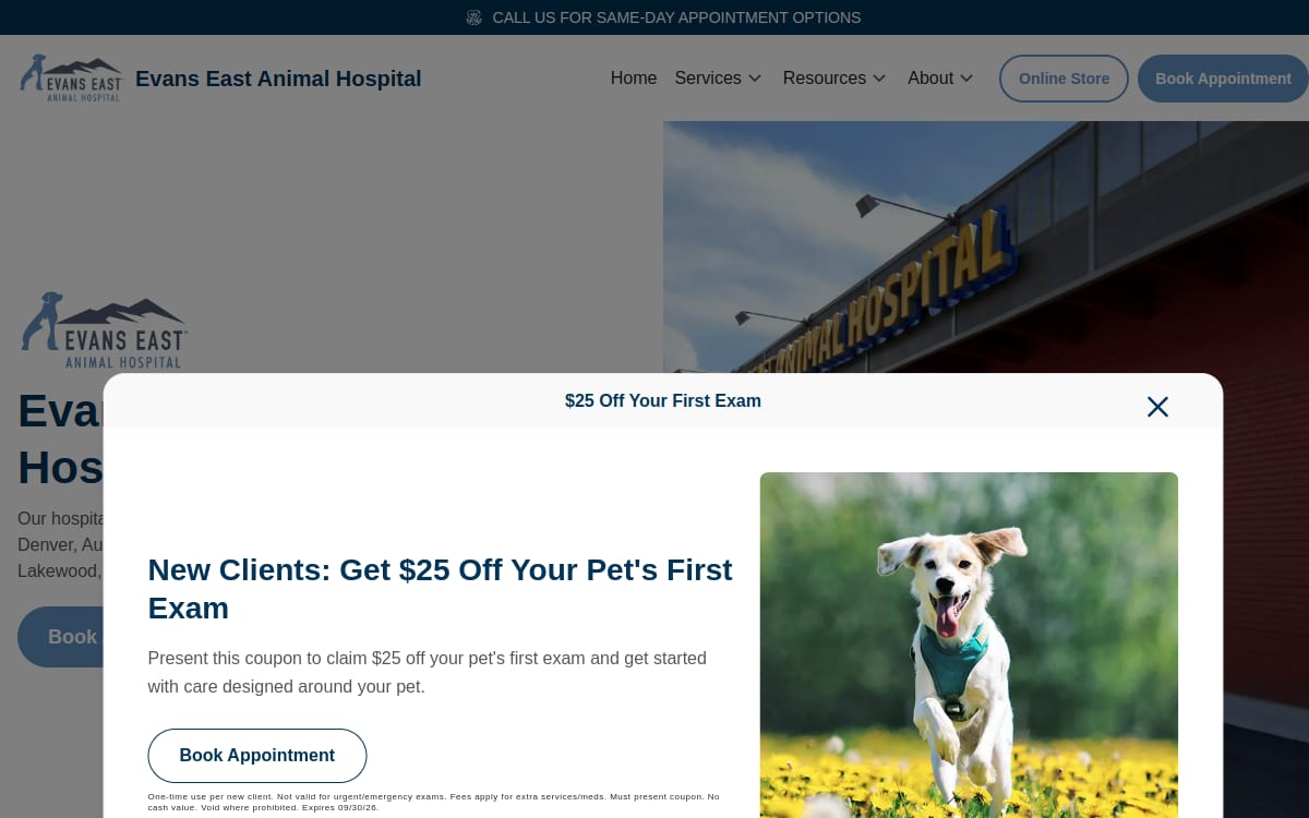 Evans East Animal Hospital veterinarian website homepage