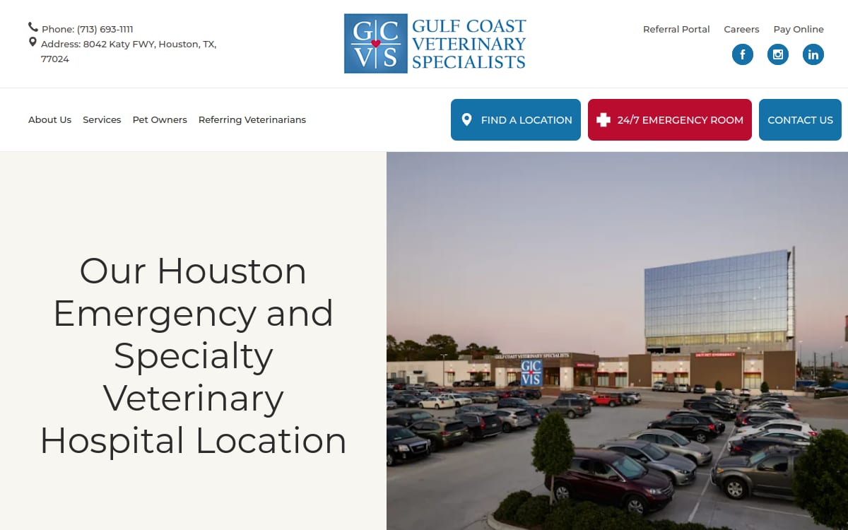 Gulf Coast Veterinary Specialists (GCVS) veterinarian website homepage