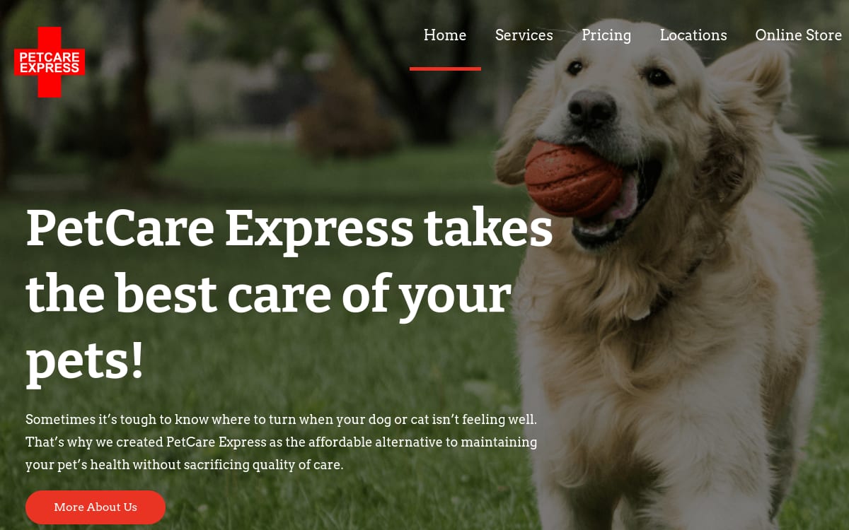Petcare Express veterinarian website homepage
