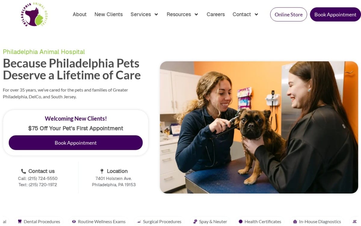 Philadelphia Animal Hospital veterinarian website homepage