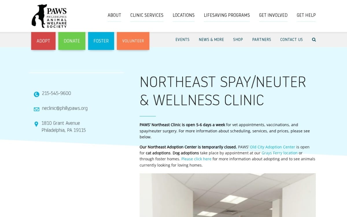 PAWS Northeast Spay/Neuter & Wellness Clinic veterinarian website homepage
