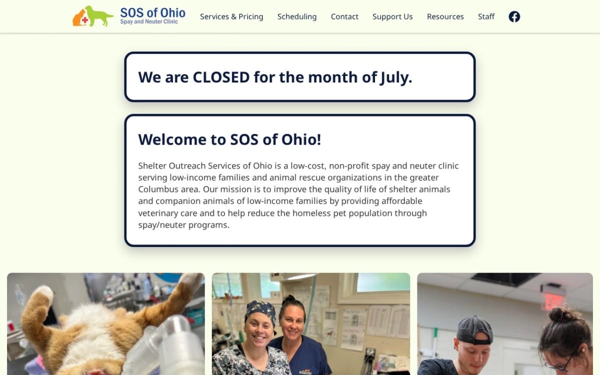 SOS of Ohio veterinarian website homepage