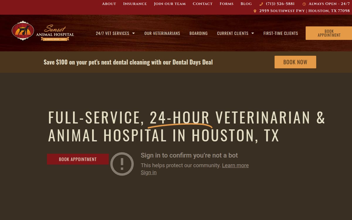 Sunset Animal Hospital veterinarian website homepage
