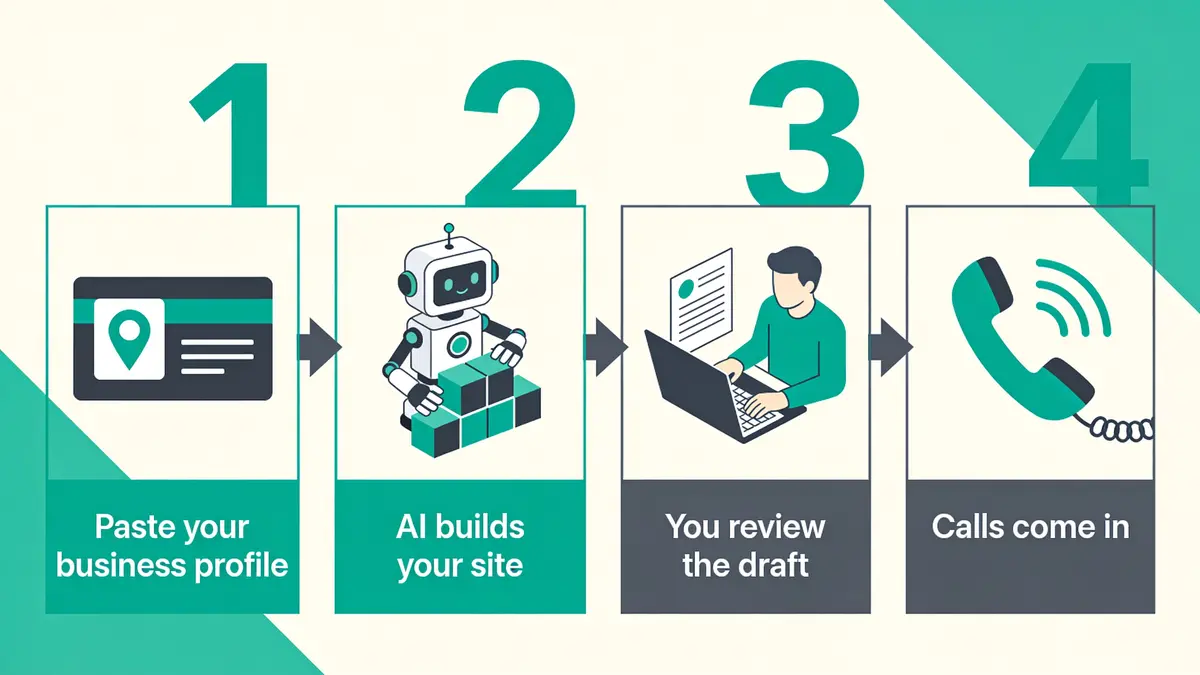 Diagram of the four-step build: paste your business profile, AI builds your site, you review the draft, calls come in